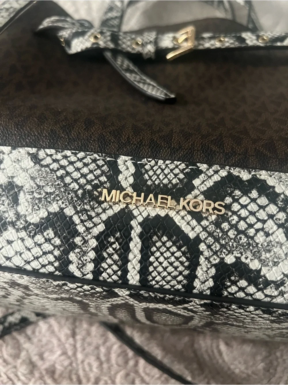 Michael Kors Black & White Snake-Print Tote with Gold Logo